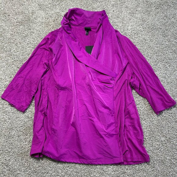 Ulla Popken Elegant Fuchsia Wrap Tunic Top Size XXL 3/4 Sleeves & Draped Collar - Picture 3 of 7